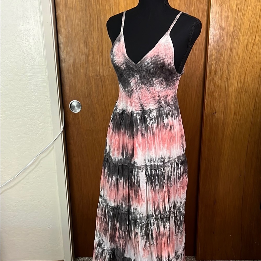 Pink and Gray Spaghetti Strap Tie dye Maxi Sundress